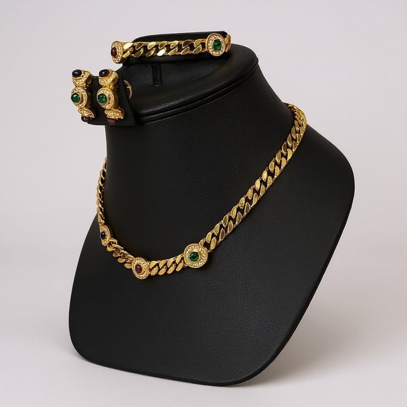 EUC Dior Necklace, Bracelet & Earrings Set Gold Tone with Multicolor Caboches - Picture 6 of 6